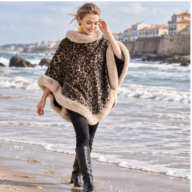 Poncho Leopard – Beige / Adulte, porté en mouvement au bord de l’océan