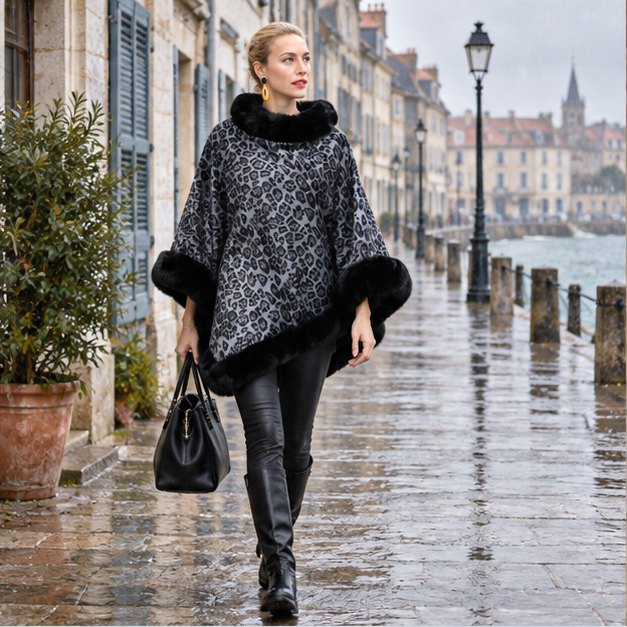 Poncho Leopard – Noir / Adulte, en situation sur la côte Atlantique
