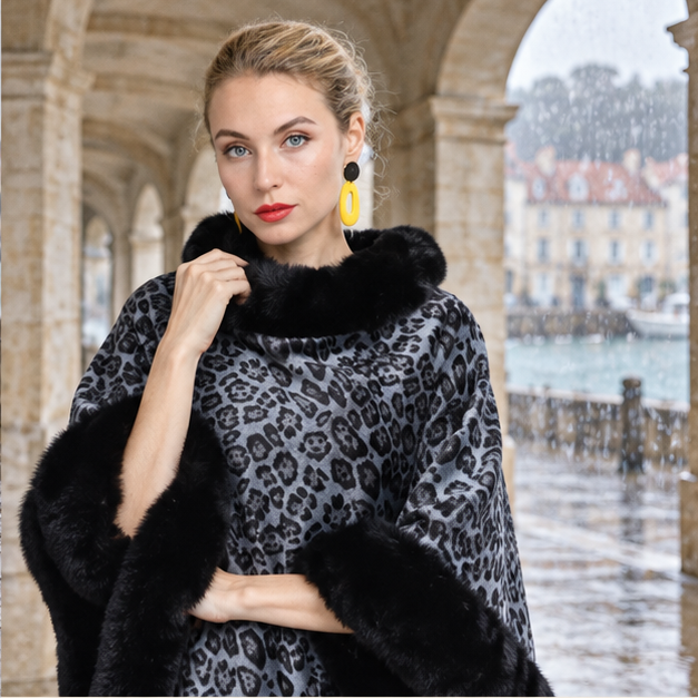 Poncho Leopard – Noir / Adulte, dans un intérieur côtier lumineux