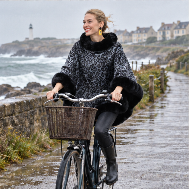 Poncho Leopard – Noir / Adulte, porté en mouvement au bord de l’océan