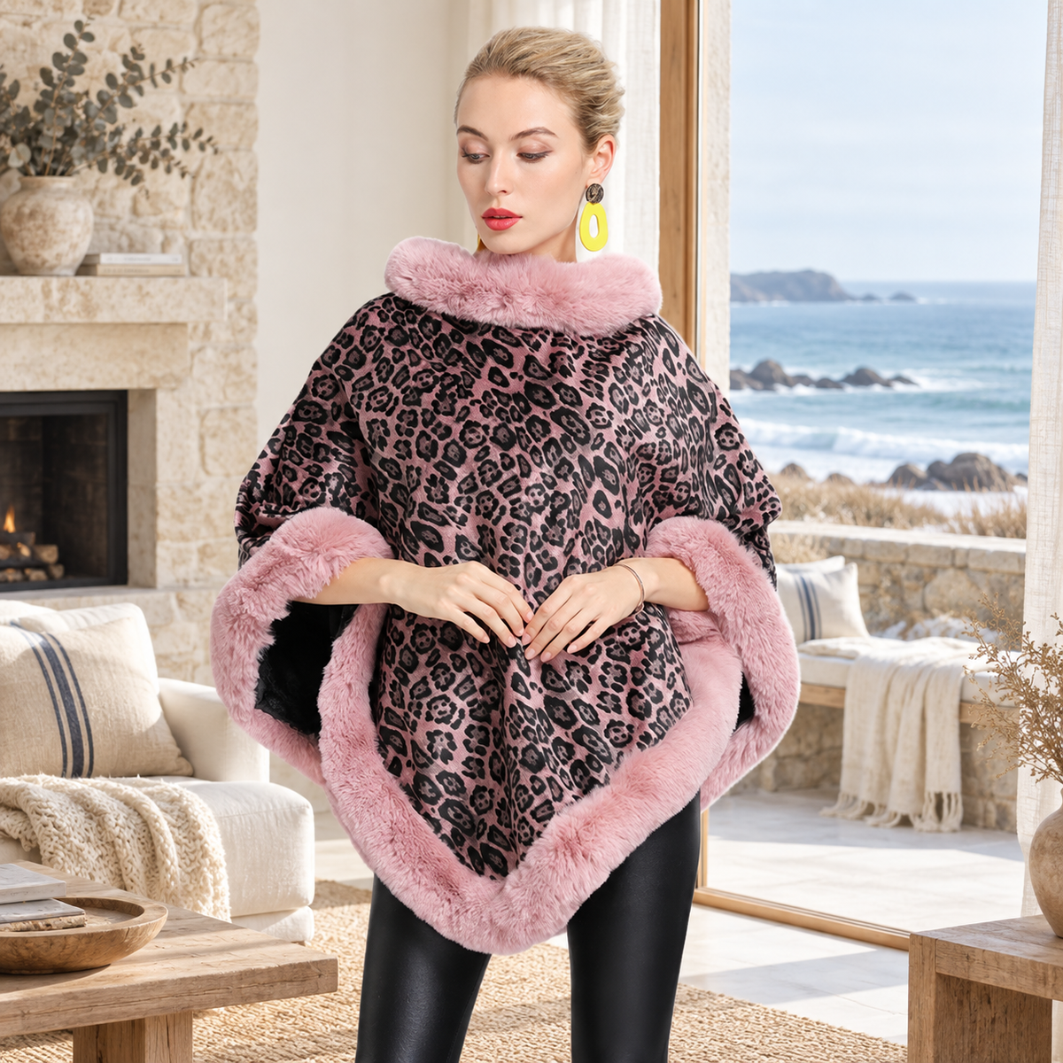 Poncho Leopard – Rose / Adulte, visuel principal lifestyle