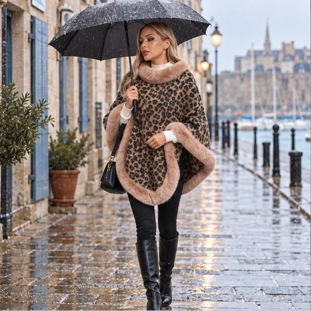 Poncho Leopard Femme – Camel / Adulte, en situation sur la côte Atlantique