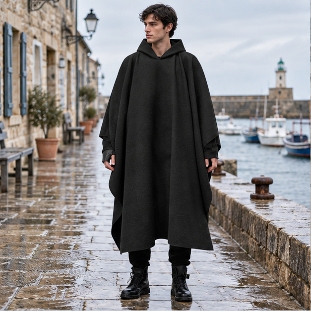 Poncho Long Homme – Noir / S, Noir / M, Noir / L, Noir / XL, Noir / XXL, Noir / XXXL, Noir / 4XL, Noir / 5XL, en situation…