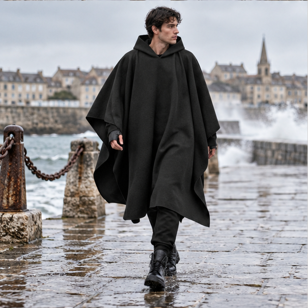 Poncho Long Homme – Noir / S, Noir / M, Noir / L, Noir / XL, Noir / XXL, Noir / XXXL, Noir / 4XL, Noir / 5XL, porté en mou…