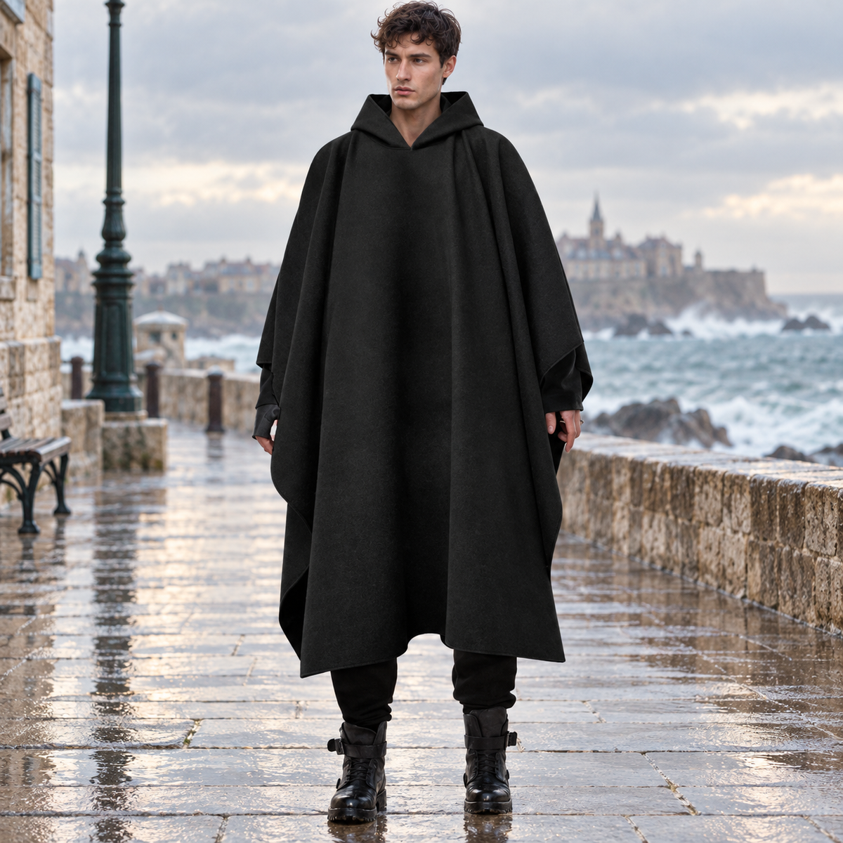 Poncho Long Homme – Noir / S, Noir / M, Noir / L, Noir / XL, Noir / XXL, Noir / XXXL, Noir / 4XL, Noir / 5XL, visuel princ…