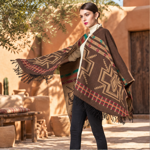 Poncho Marron Motif Croix Mexicaine – Marron / Adulte, en situation sur la côte Atlantique
