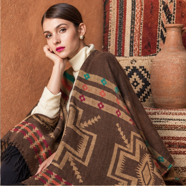 Poncho Marron Motif Croix Mexicaine – Marron / Adulte, dans un intérieur côtier lumineux