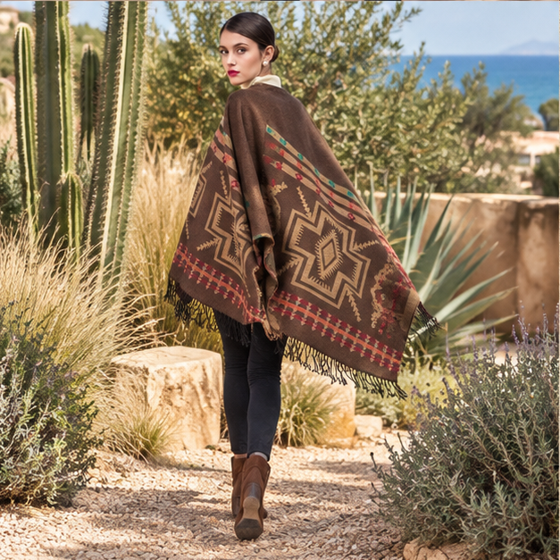 Poncho Marron Motif Croix Mexicaine – Marron / Adulte, porté en mouvement au bord de l’océan