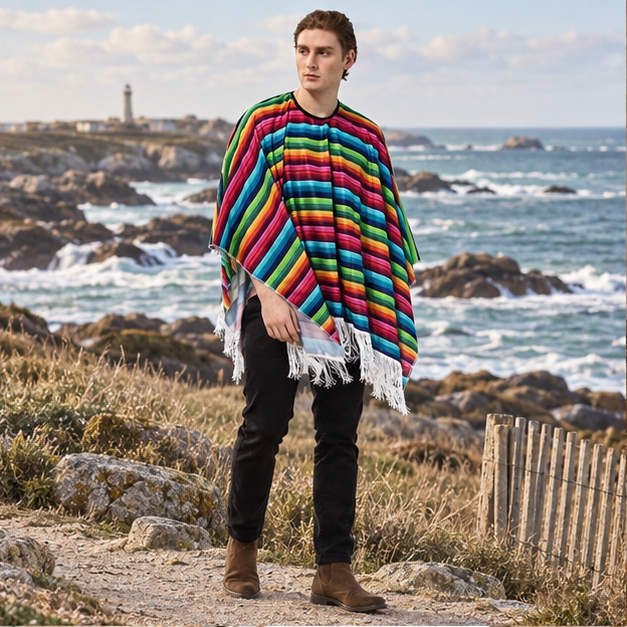 Poncho Mexicain à Franges – Rouge / Adulte, en situation sur la côte Atlantique
