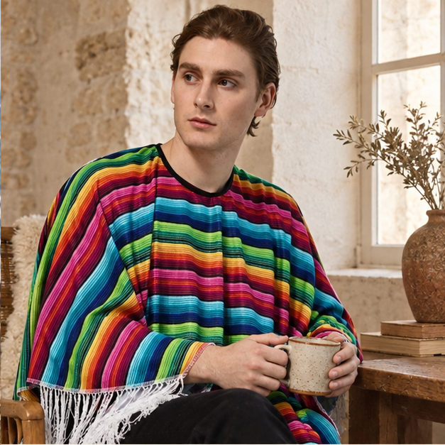 Poncho Mexicain à Franges – Rouge / Adulte, dans un intérieur côtier lumineux