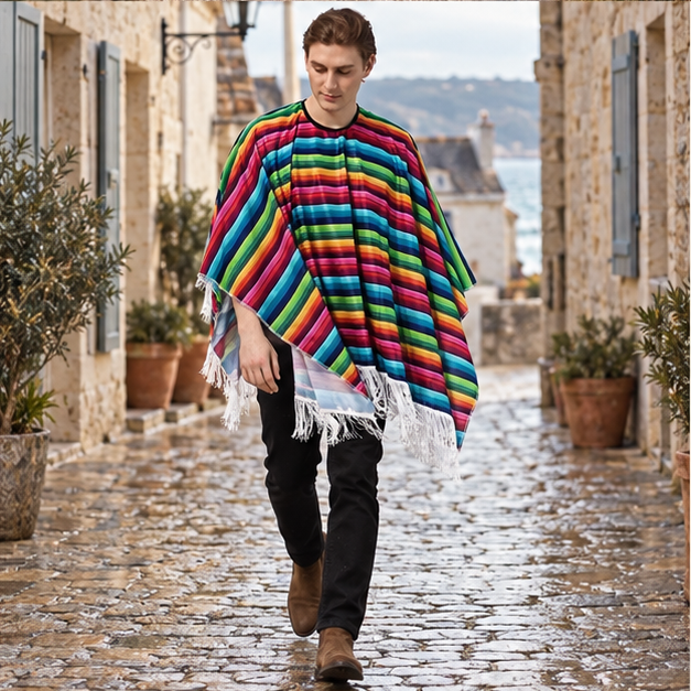 Poncho Mexicain à Franges – Rouge / Adulte, porté en mouvement au bord de l’océan
