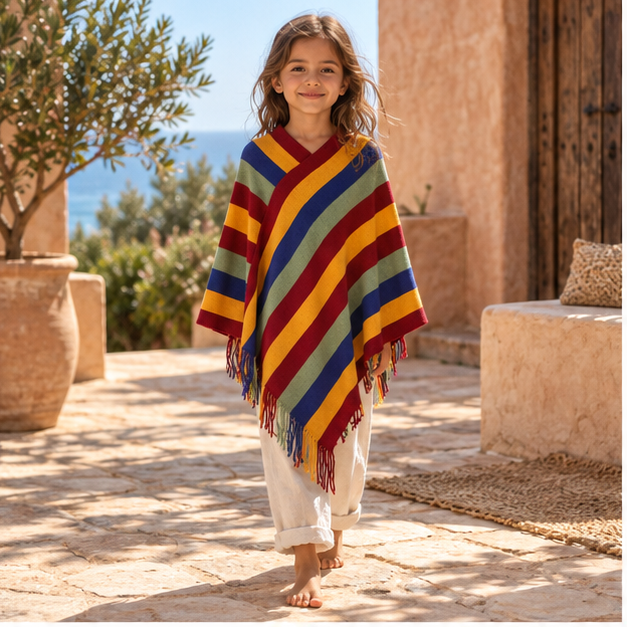 Poncho Mexicain à Rayures – Rouge / Adulte, en situation sur la côte Atlantique