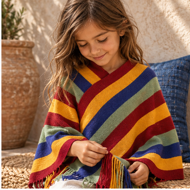 Poncho Mexicain à Rayures – Rouge / Adulte, dans un intérieur côtier lumineux