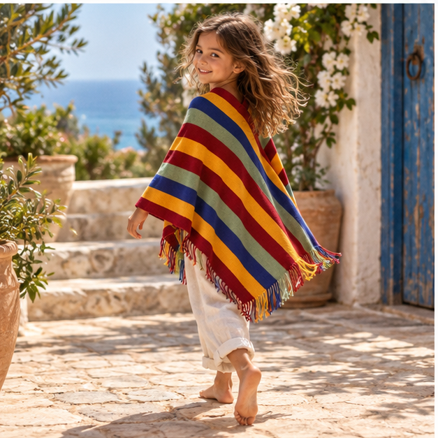 Poncho Mexicain à Rayures – Rouge / Adulte, porté en mouvement au bord de l’océan