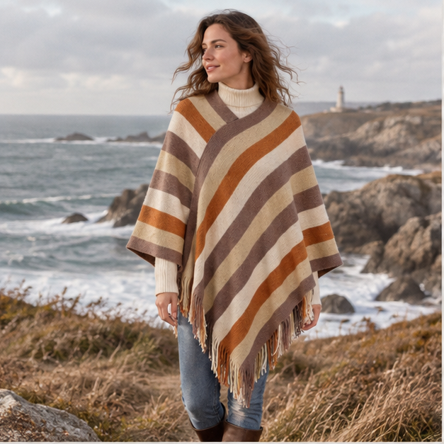 Poncho Mexicain à Rayures – Orange / Adulte, en situation sur la côte Atlantique