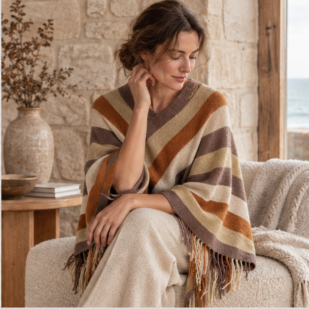 Poncho Mexicain à Rayures – Orange / Adulte, dans un intérieur côtier lumineux