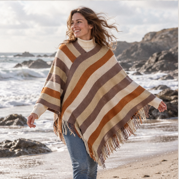 Poncho Mexicain à Rayures – Orange / Adulte, porté en mouvement au bord de l’océan