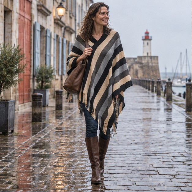 Poncho Mexicain à Rayures – Bleu / Adulte, en situation sur la côte Atlantique