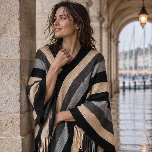 Poncho Mexicain à Rayures – Bleu / Adulte, dans un intérieur côtier lumineux