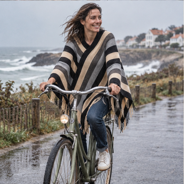 Poncho Mexicain à Rayures – Bleu / Adulte, porté en mouvement au bord de l’océan