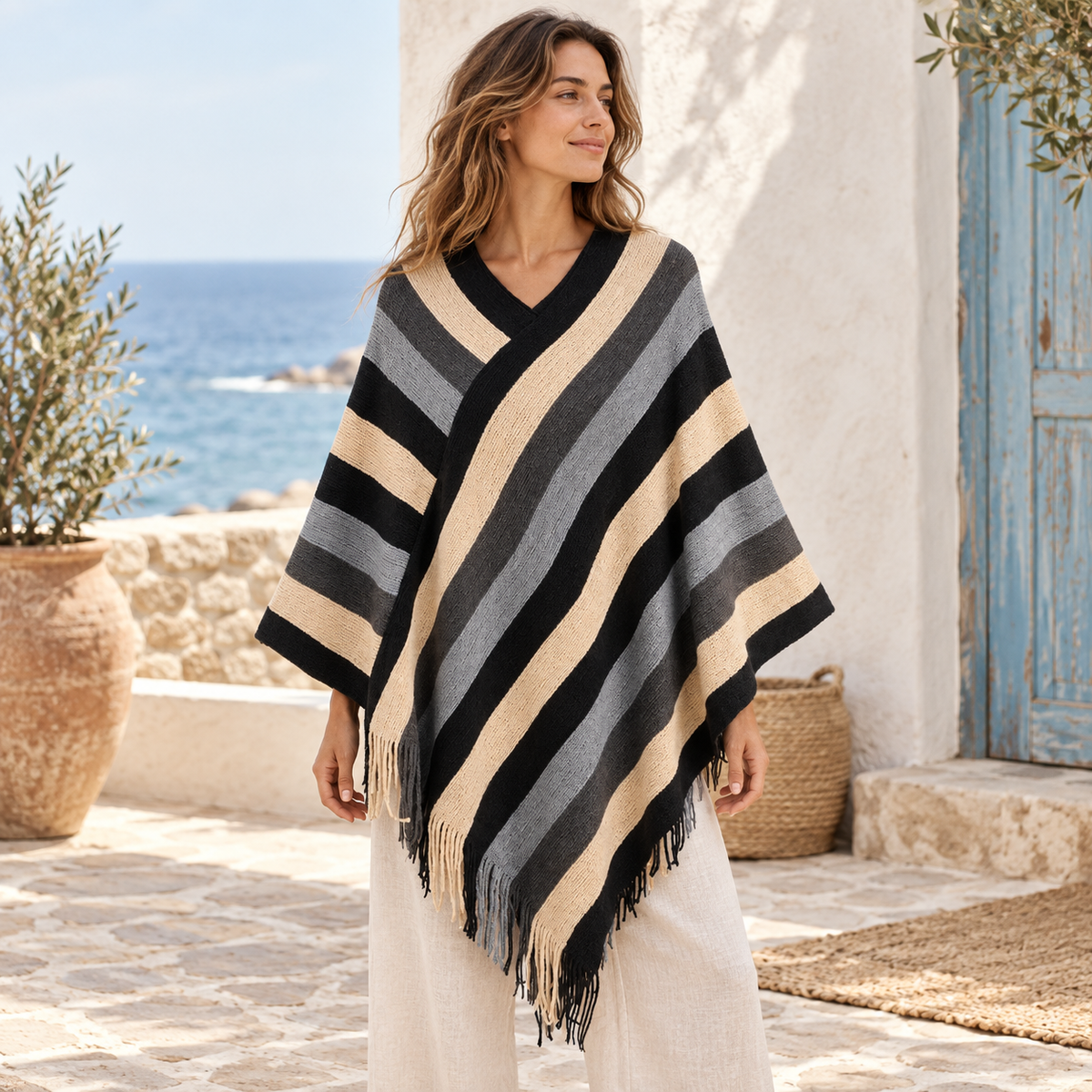 Poncho Mexicain à Rayures – Bleu / Adulte, visuel principal lifestyle