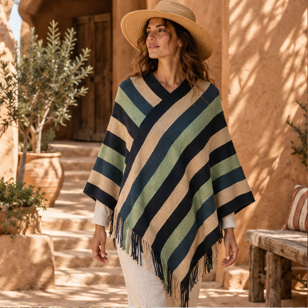Poncho Mexicain à Rayures – Vert / Adulte, en situation sur la côte Atlantique