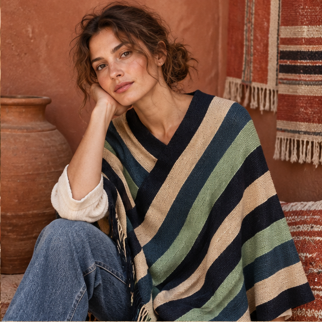 Poncho Mexicain à Rayures – Vert / Adulte, dans un intérieur côtier lumineux