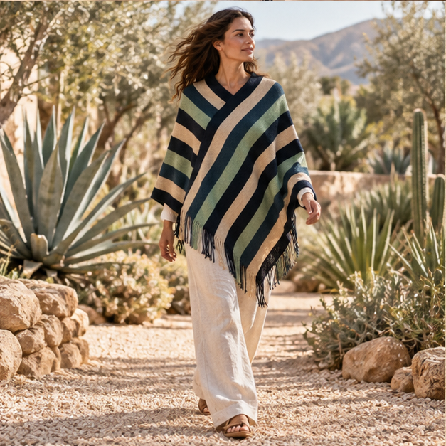Poncho Mexicain à Rayures – Vert / Adulte, porté en mouvement au bord de l’océan