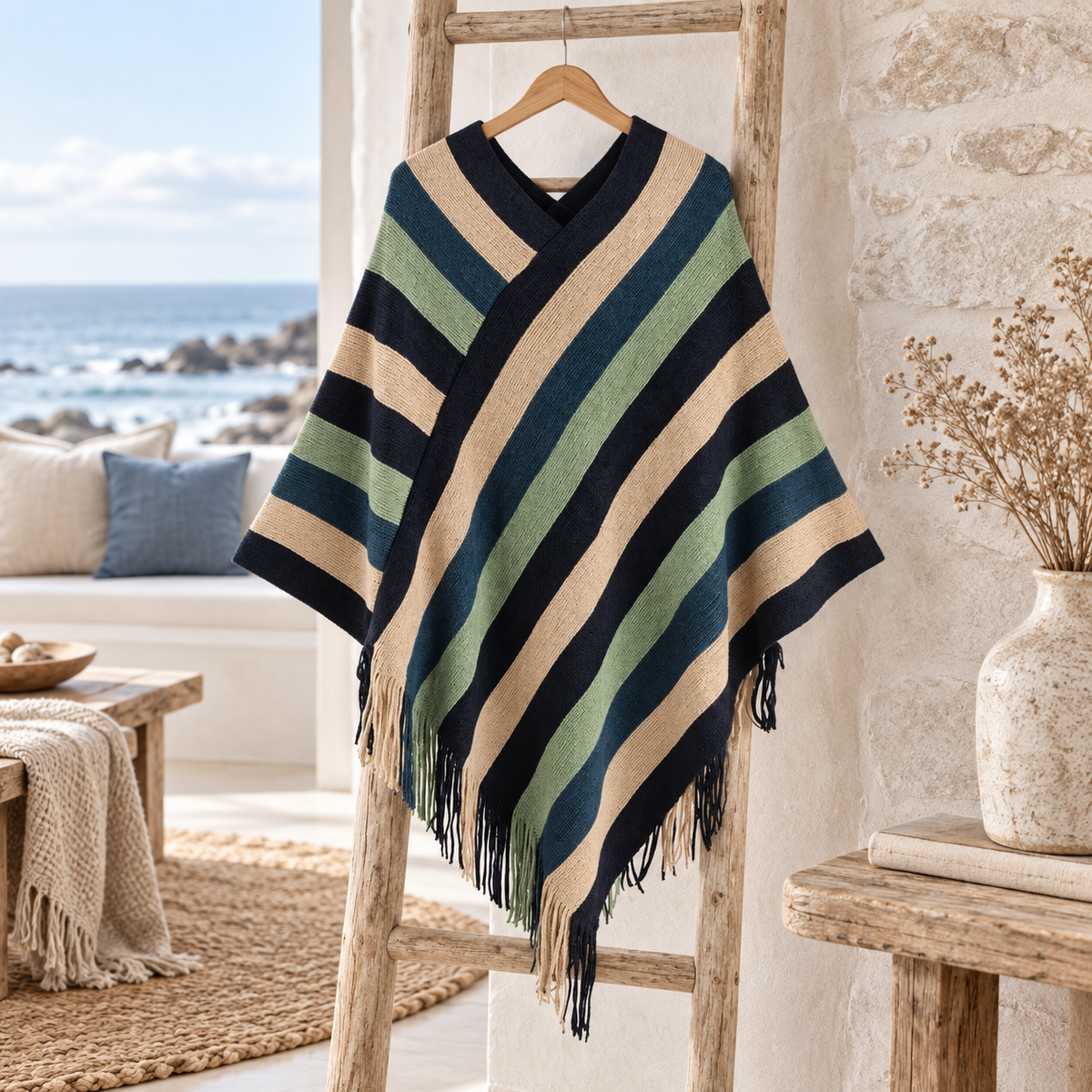 Poncho Mexicain à Rayures – Vert / Adulte, visuel principal lifestyle