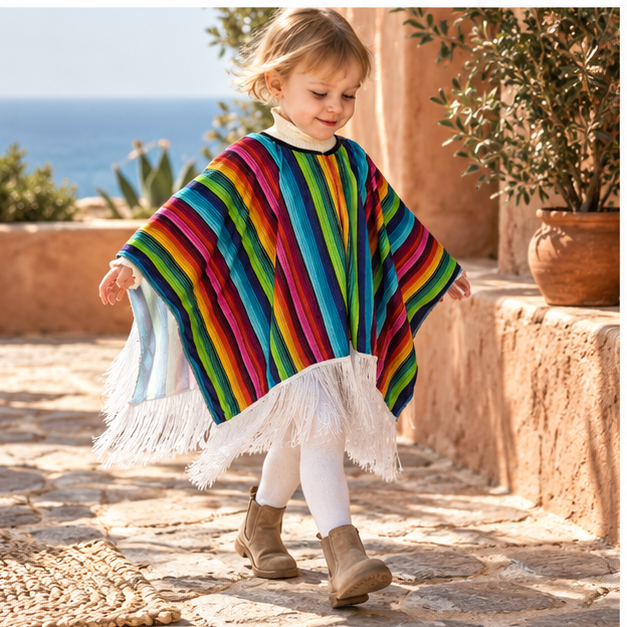 Poncho Mexicain Enfant à Franges – Rouge / Adulte, porté en mouvement au bord de l’océan