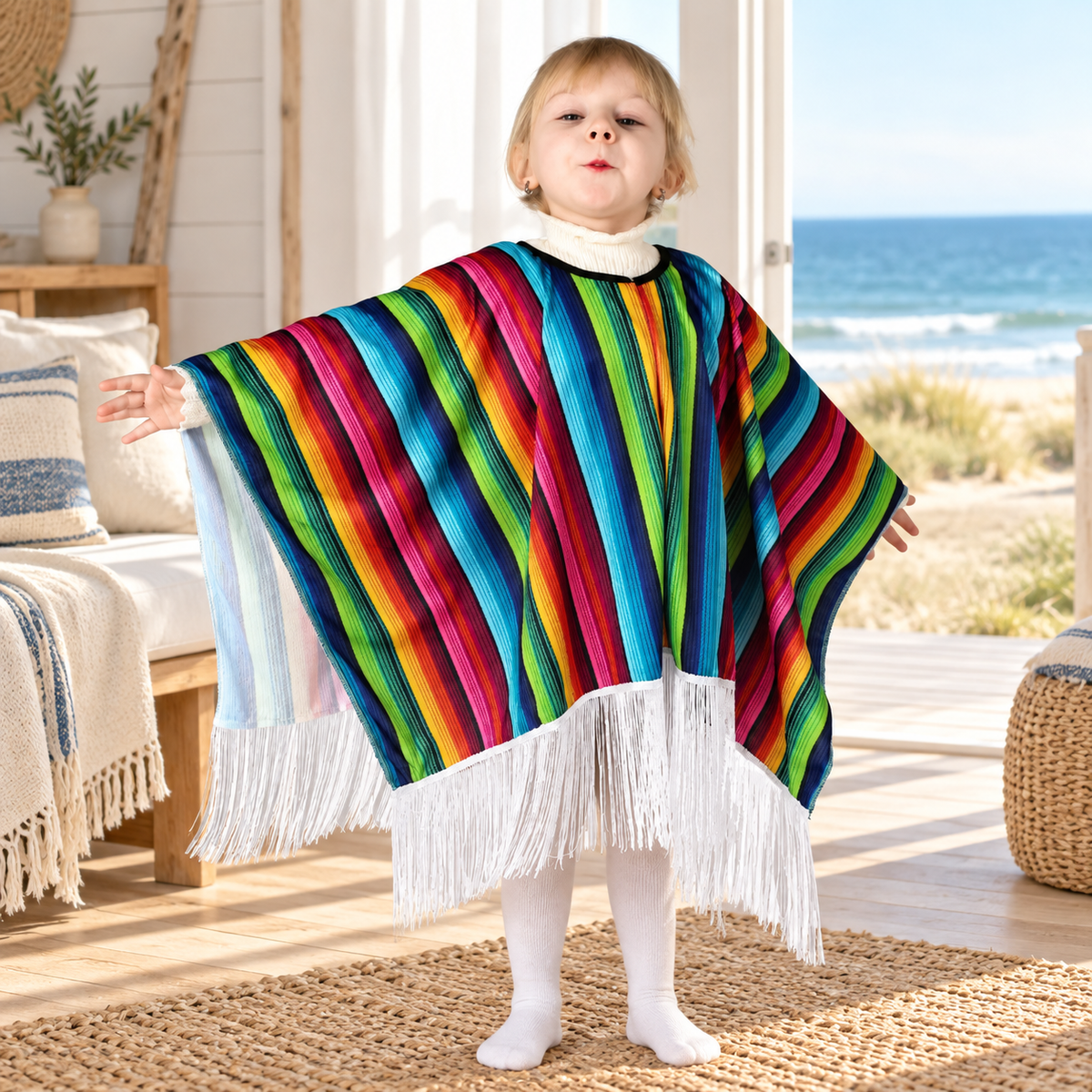 Poncho Mexicain Enfant à Franges – Rouge / Adulte, visuel principal lifestyle