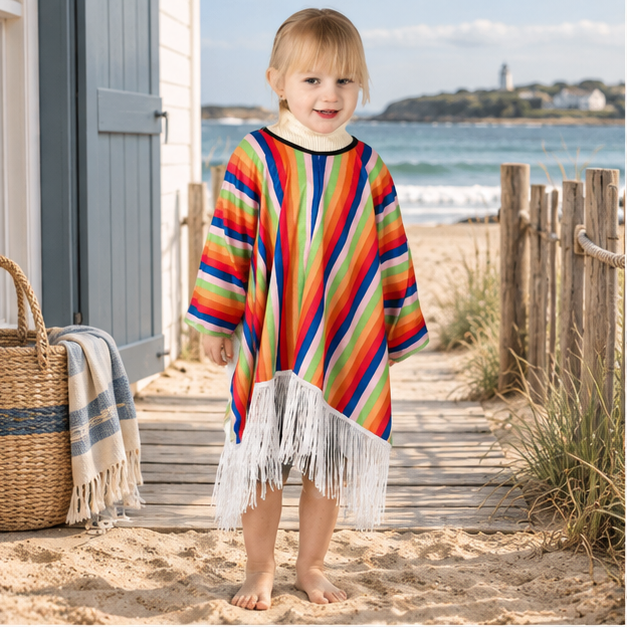 Poncho Mexicain Enfant À Rayures Verticales – Orange / Enfant, en situation sur la côte Atlantique
