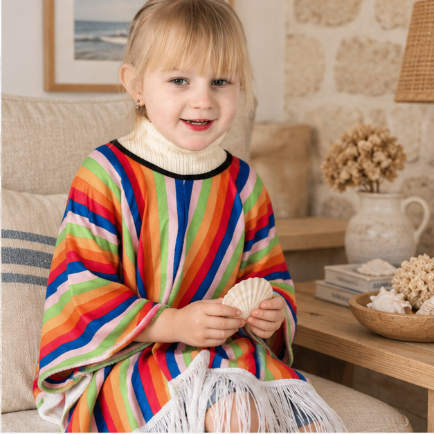 Poncho Mexicain Enfant À Rayures Verticales – Orange / Enfant, dans un intérieur côtier lumineux