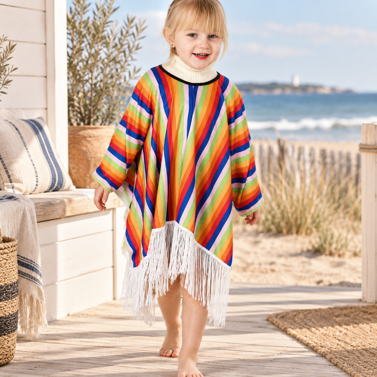 Poncho Mexicain Enfant À Rayures Verticales – Orange / Enfant, visuel principal lifestyle