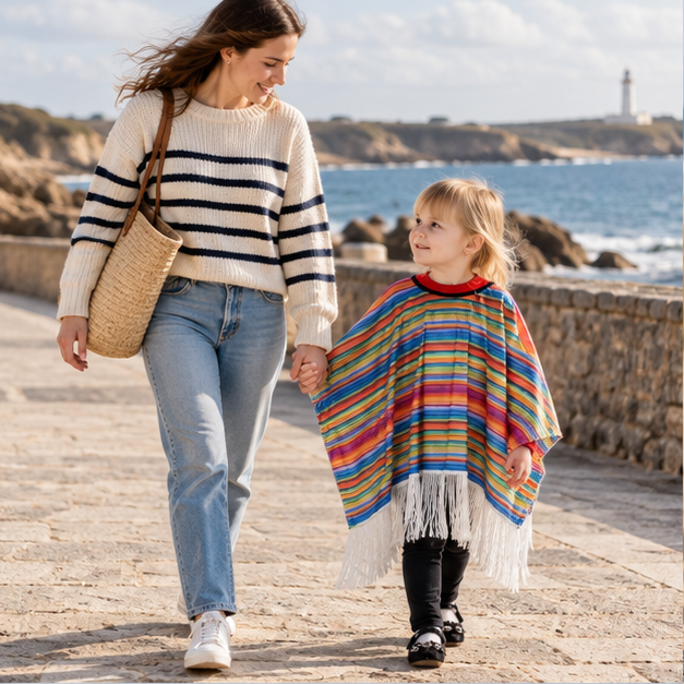 Poncho Mexicain Enfant Multicolore – Rouge / Enfant, en situation sur la côte Atlantique