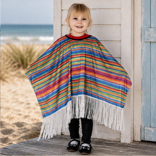 Poncho Mexicain Enfant Multicolore – Rouge / Enfant, dans un intérieur côtier lumineux