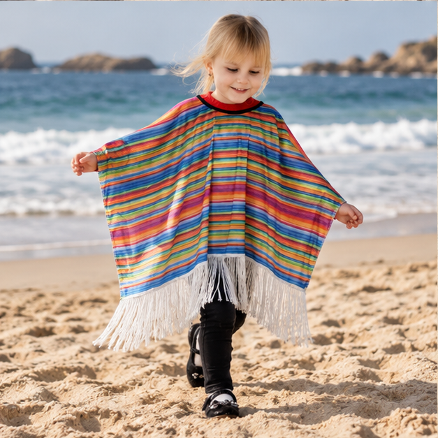 Poncho Mexicain Enfant Multicolore – Rouge / Enfant, porté en mouvement au bord de l’océan