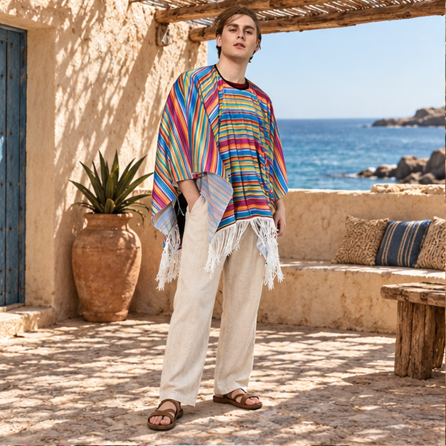 Poncho Mexicain Multicolore – Rouge / Adulte, en situation sur la côte Atlantique