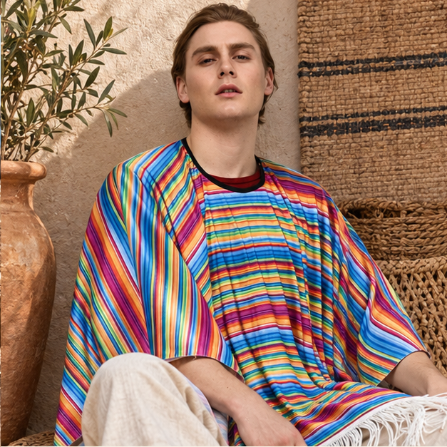 Poncho Mexicain Multicolore – Rouge / Adulte, dans un intérieur côtier lumineux