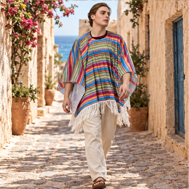 Poncho Mexicain Multicolore – Rouge / Adulte, porté en mouvement au bord de l’océan