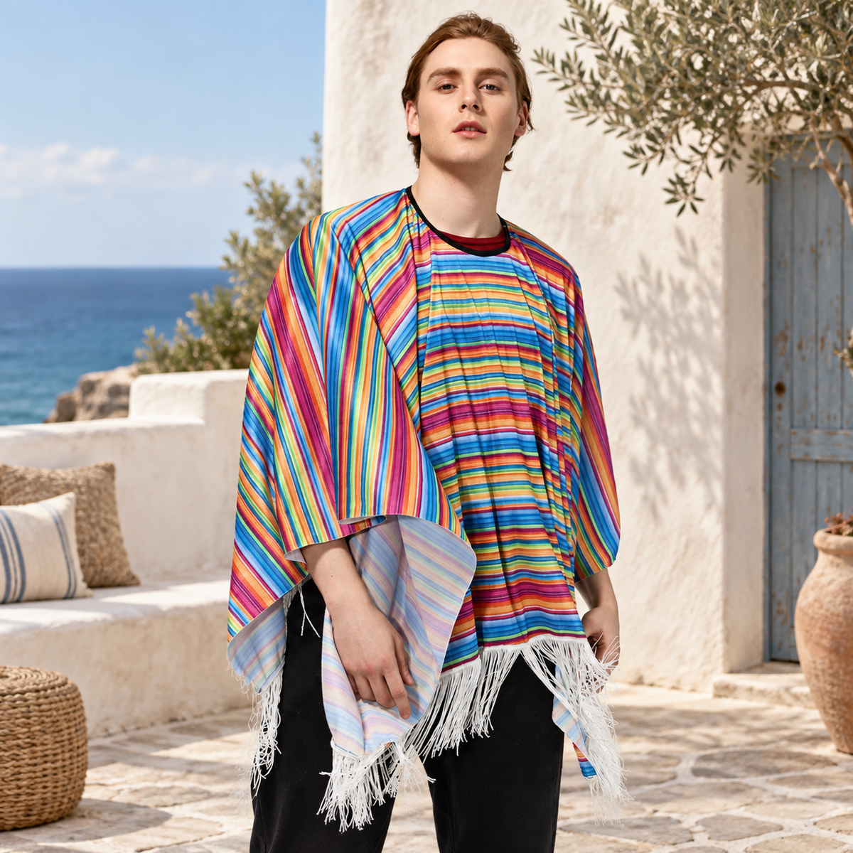 Poncho Mexicain Multicolore – Rouge / Adulte, visuel principal lifestyle