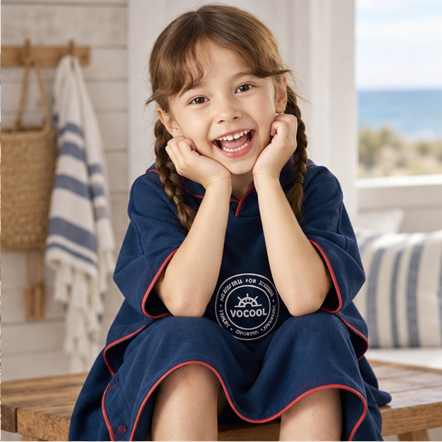 Poncho Microfibre Enfant – Gris Bleuté / M, Gris Bleuté / L, dans un intérieur côtier lumineux