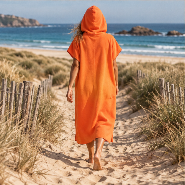 Poncho Microfibre Orange – Orange / Adulte, porté en mouvement au bord de l’océan