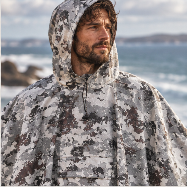 Poncho Militaire Camo Urbain – Camouflage / Adulte, dans un intérieur côtier lumineux