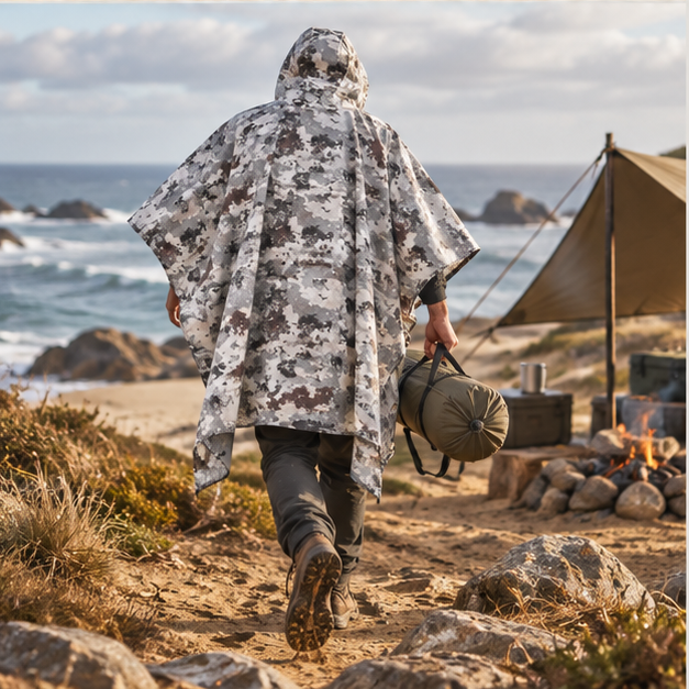 Poncho Militaire Camo Urbain – Camouflage / Adulte, porté en mouvement au bord de l’océan