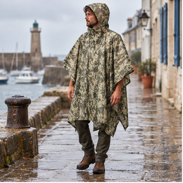 Poncho Militaire Camouflage Forêt – Kaki / Adulte, en situation sur la côte Atlantique