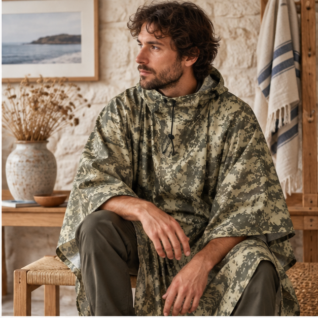 Poncho Militaire Camouflage Forêt – Kaki / Adulte, dans un intérieur côtier lumineux