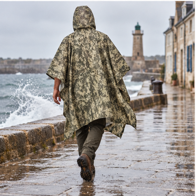 Poncho Militaire Camouflage Forêt – Kaki / Adulte, porté en mouvement au bord de l’océan