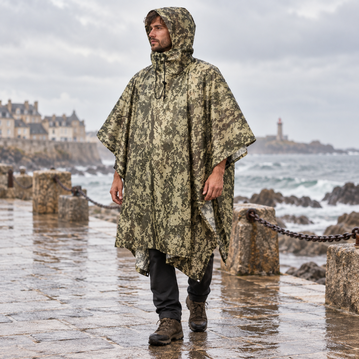 Poncho Militaire Camouflage Forêt – Kaki / Adulte, visuel principal lifestyle