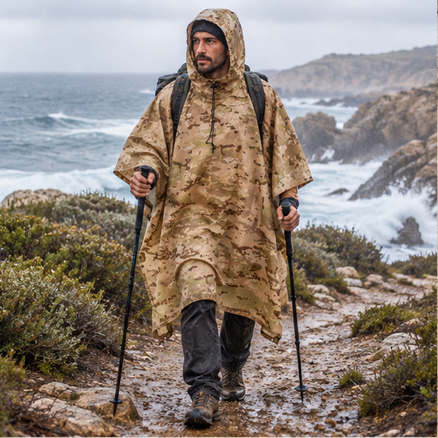 Poncho Militaire Camouflage Terre – Beige / Adulte, en situation sur la côte Atlantique